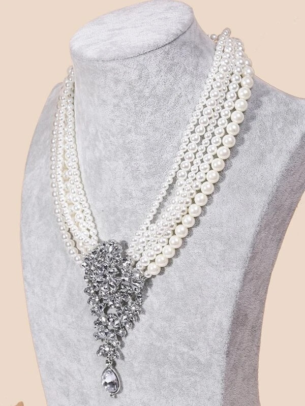 CM-AXS322493 Women Trendy Seoul Style Faux Pearl And Rhinestone Decor Layered Necklace