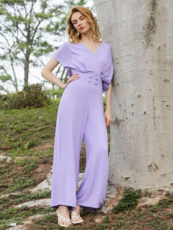 CM-JS205491 Women Elegant Seoul Style Pleated Batwing Sleeve Solid Jumpsuit - Purple