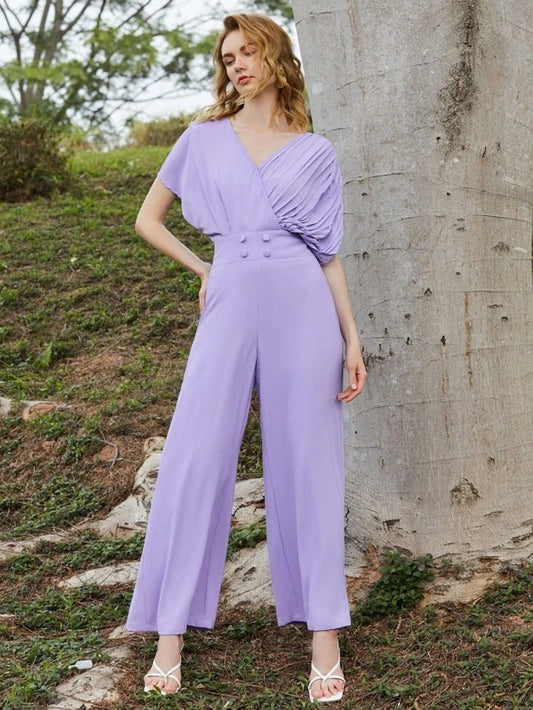 CM-JS205491 Women Elegant Seoul Style Pleated Batwing Sleeve Solid Jumpsuit - Purple
