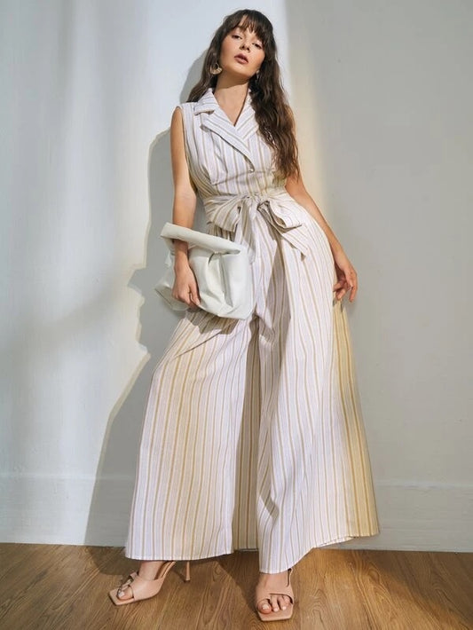 CM-JS306553 Women Casual Seoul Style Sleeveless Striped Notched Neck Belted Jumpsuit