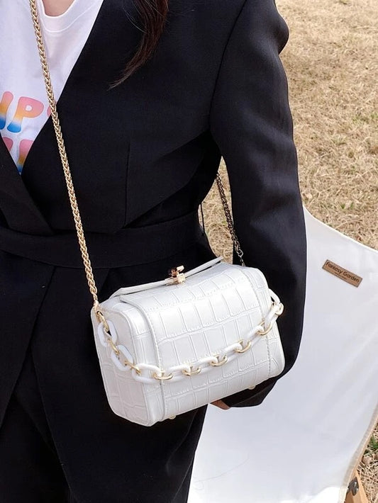 CM-BGS322074 Women Casual Seoul Style Croc Embossed Chain Satchel Bag - White