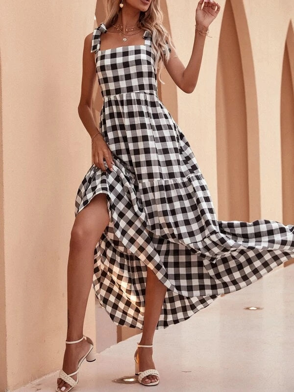 CM-DS311307 Women Trendy Bohemian Style Knot Strap Flounce Hem Gingham Dress
