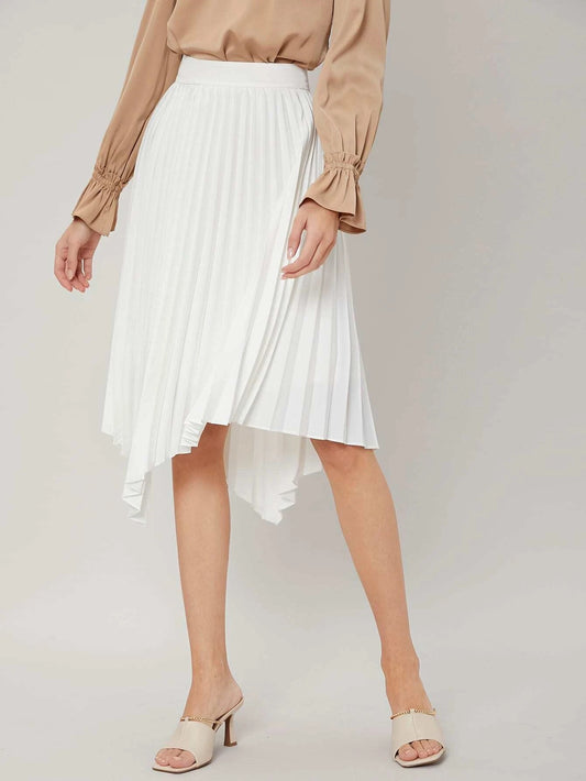 CM-BS219396 Women Elegant Seoul Style High Waist Asymmetrical Pleated Skirt - White