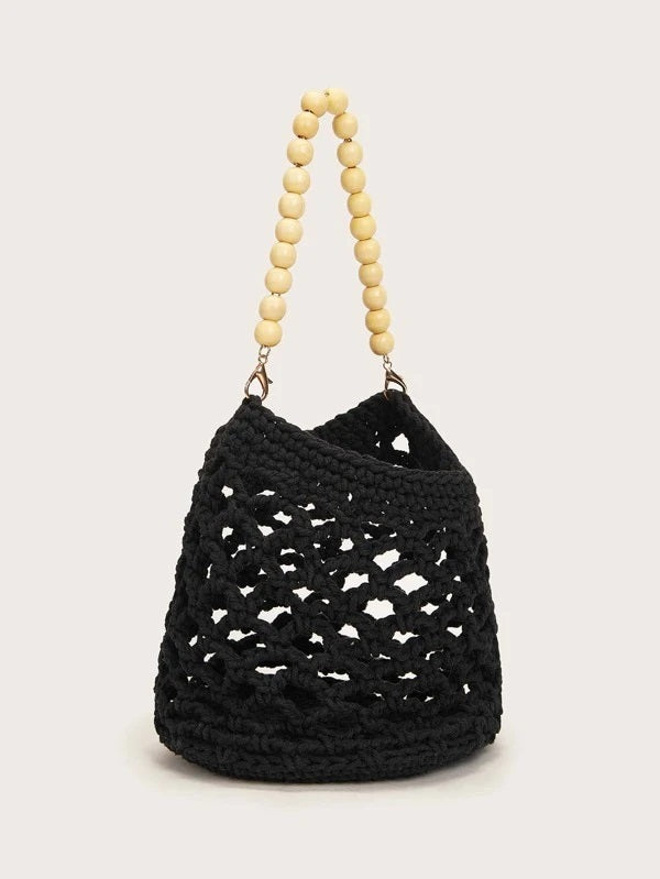 CM-BGS203236 Women Trendy Bohemian Style Beaded Handle Braided Satchel Bag