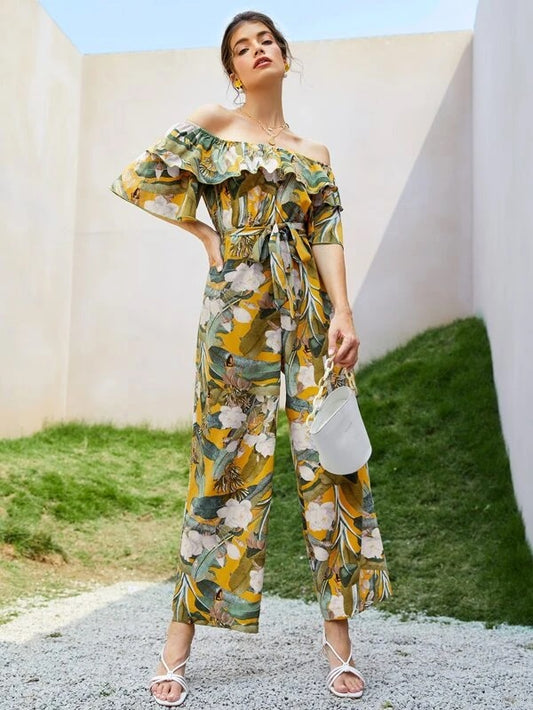CM-JS311005 Women Trendy Bohemian Style Tropical Print Ruffle Trim Belted Bardot Jumpsuit