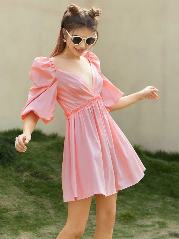 CM-DS326831 Women Elegant Seoul Style Lantern Sleeve Frill Trim Skater Dress - Baby Pink