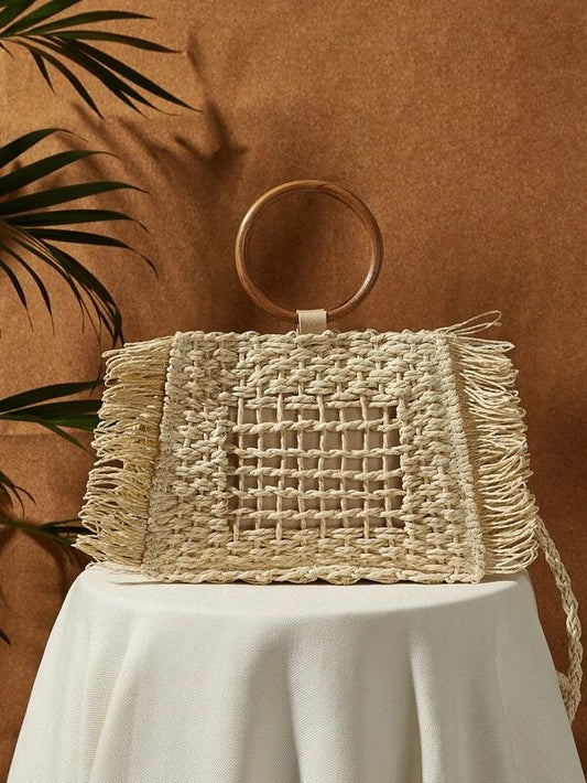 CM-BGS205630 Women Trendy Bohemian Style Fringe Trim Round Handle Woven Satchel Bag