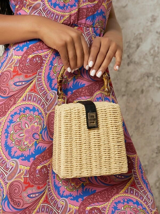 CM-BGS324913 Women Trendy Bohemian Style Twist Lock Straw Bag - Apricot