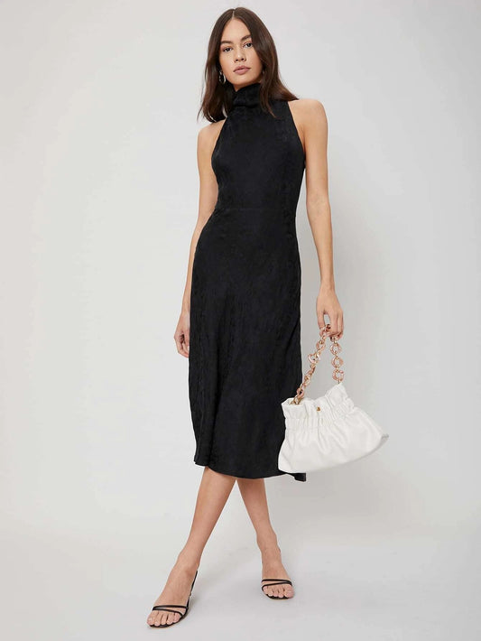 CM-ES126447 Women Elegant Seoul Style Halter Sleeveless Viscose Fitted Midi Dress - Black