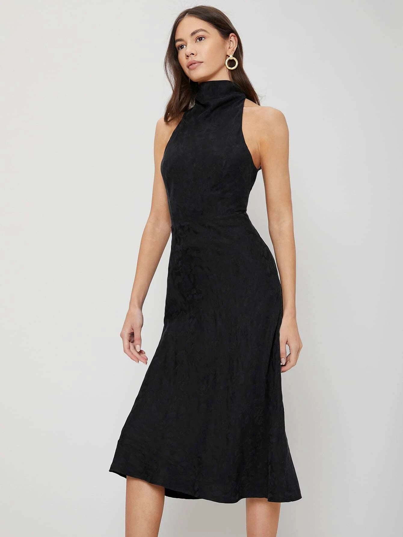 CM-ES126447 Women Elegant Seoul Style Halter Sleeveless Viscose Fitted Midi Dress - Black