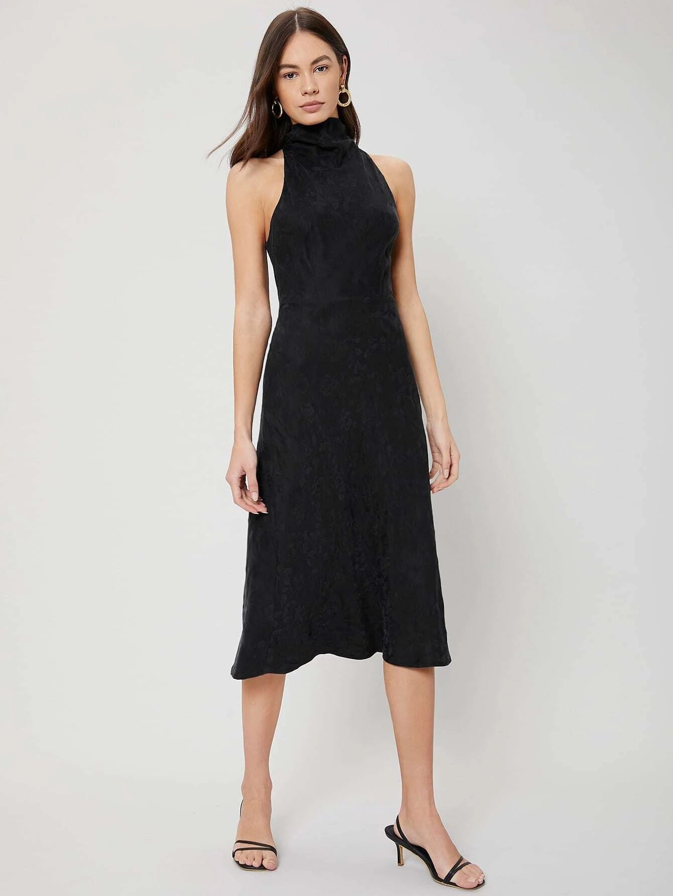 CM-ES126447 Women Elegant Seoul Style Halter Sleeveless Viscose Fitted Midi Dress - Black