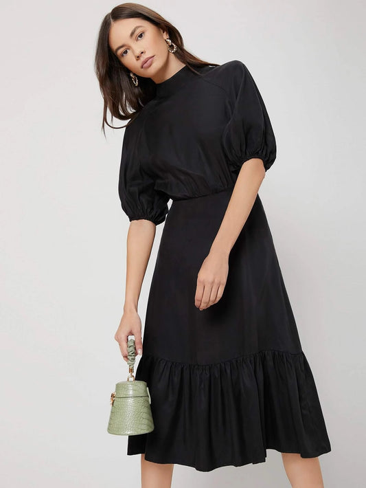 CM-ES204208 Women Elegant Seoul Style Viscose Mock Neck Bishop Sleeve Flounce Dress - Black