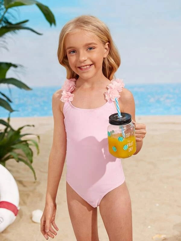 CM-KSW323641 Girls Trendy Seoul Style Appliques One Piece Swimsuit - Pink