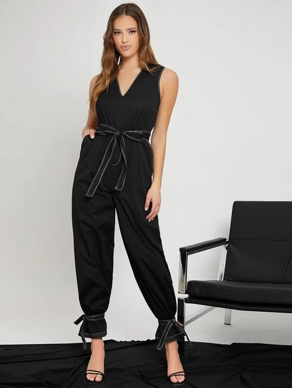 CM-JS308065 Women Casual Seoul Style Contrast Stitch Belted Strap Hem Jumpsuit - Black