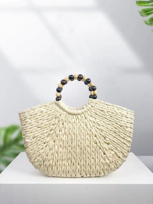 CM-BGS408968 Women Trendy Bohemian Style Beaded Straw Bag - Beige