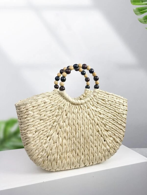 CM-BGS408968 Women Trendy Bohemian Style Beaded Straw Bag - Beige