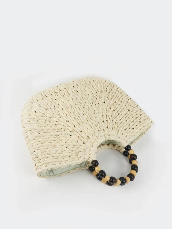 CM-BGS408968 Women Trendy Bohemian Style Beaded Straw Bag - Beige