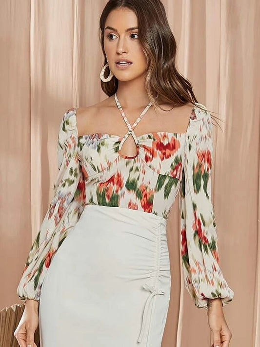 CM-TS318455 Women Casual Seoul Style Halter Neckline Bishop Sleeve Tie Dye Top