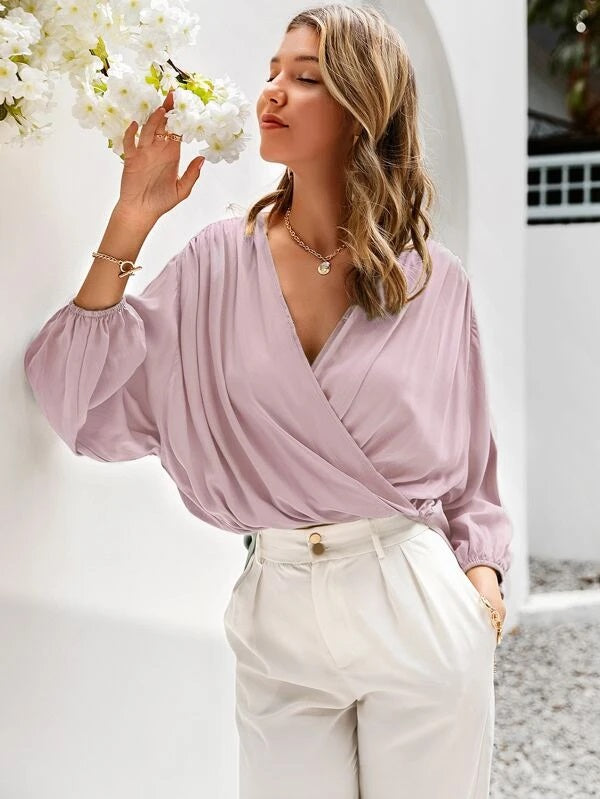CM-TS409409 Women Casual Seoul Style Lantern Sleeve Wrap Solid Top - Dusty Pink