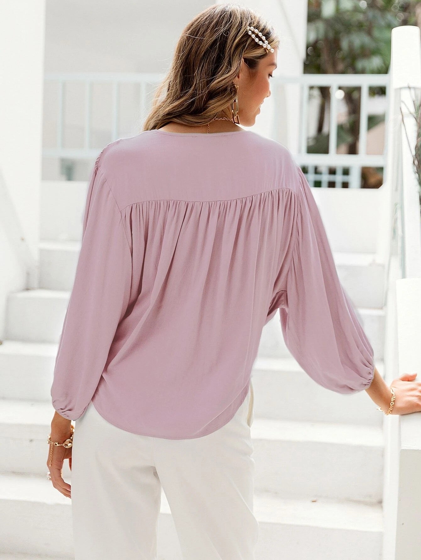 CM-TS409409 Women Casual Seoul Style Lantern Sleeve Wrap Solid Top - Dusty Pink
