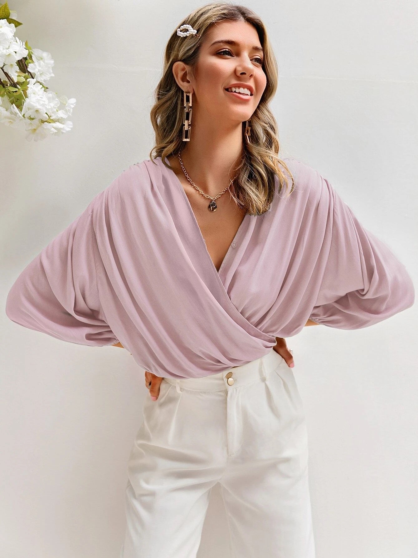 CM-TS409409 Women Casual Seoul Style Lantern Sleeve Wrap Solid Top - Dusty Pink