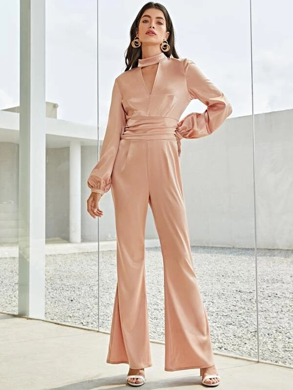 CM-JS324144 Women Elegant Seoul Style Keyhole Neck Bishop Sleeve Ruched Satin Jumpsuit - Baby Pink