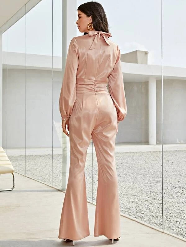 CM-JS324144 Women Elegant Seoul Style Keyhole Neck Bishop Sleeve Ruched Satin Jumpsuit - Baby Pink