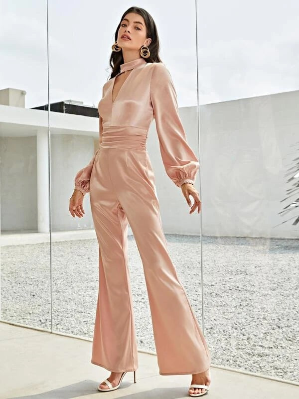 CM-JS324144 Women Elegant Seoul Style Keyhole Neck Bishop Sleeve Ruched Satin Jumpsuit - Baby Pink