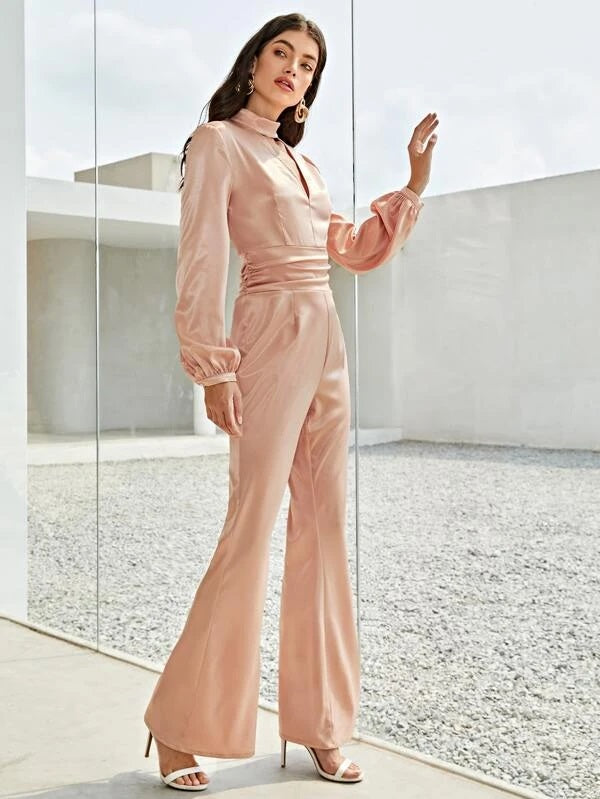 CM-JS324144 Women Elegant Seoul Style Keyhole Neck Bishop Sleeve Ruched Satin Jumpsuit - Baby Pink