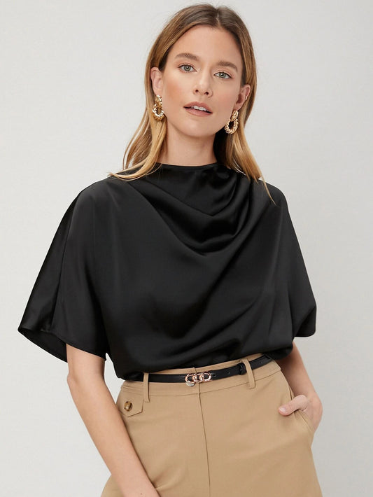 CM-TS225384 Women Casual Seoul Style Draped Cowl Neck Short Sleeve Top - Black