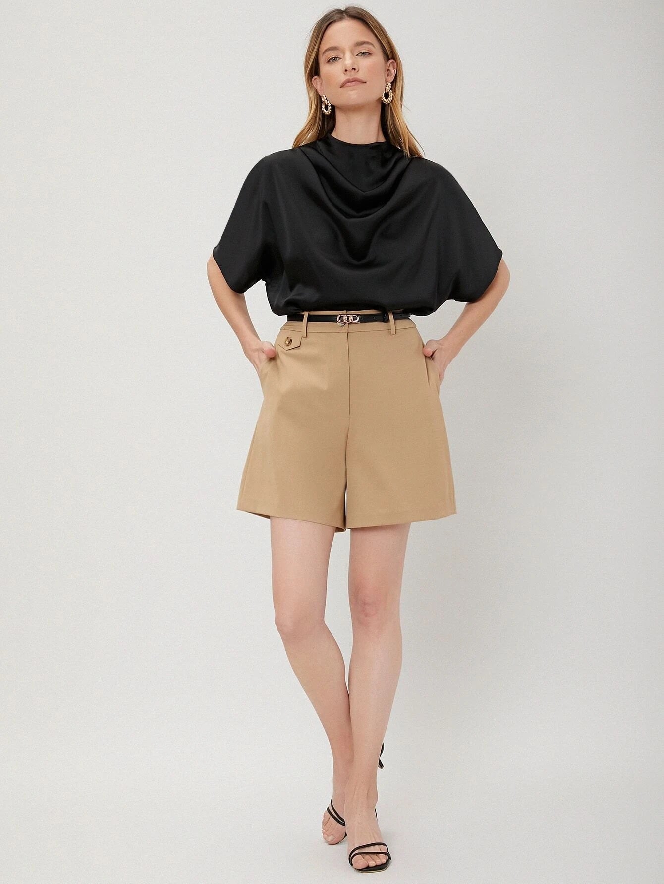 CM-TS225384 Women Casual Seoul Style Draped Cowl Neck Short Sleeve Top - Black