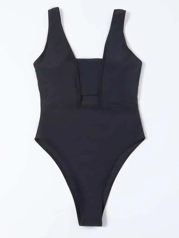 CM-SWS214891 Women Trendy Seoul Style Solid Cut Out One Piece Swimsuit - Black