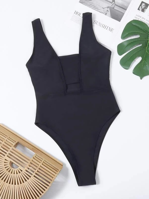 CM-SWS214891 Women Trendy Seoul Style Solid Cut Out One Piece Swimsuit - Black