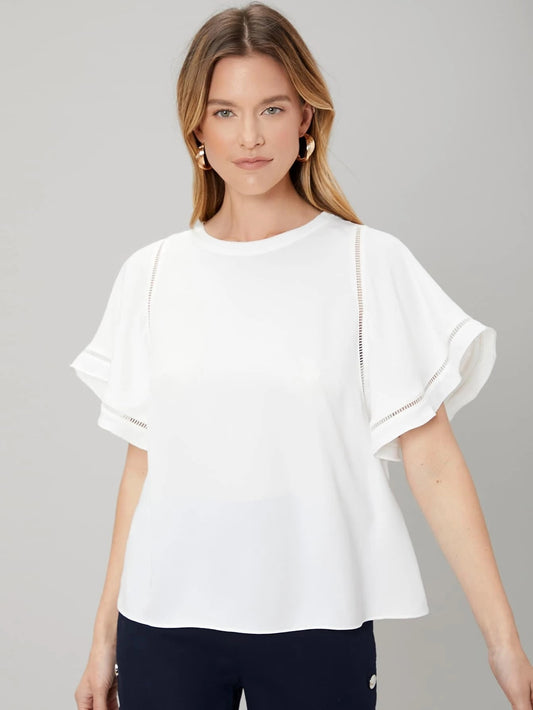 CM-TS129231 Women Elegant Seoul Style Round Neck Flounce Sleeve Lace Insert Top - White