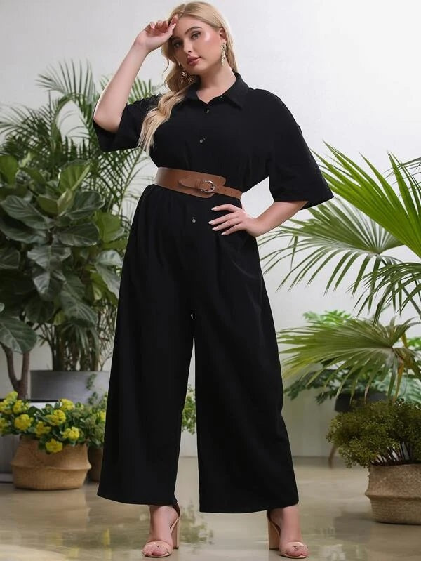 CM-JPS325551 Women Plus Size Short Sleeve Drop Shoulder Shirt Jumpsuit - Black