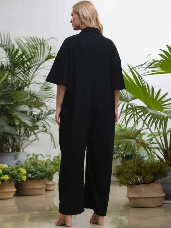 CM-JPS325551 Women Plus Size Short Sleeve Drop Shoulder Shirt Jumpsuit - Black