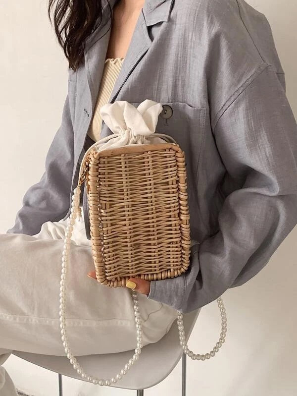 CM-BGS413516 Women Trendy Bohemian Style Faux Pearl Strap Drawstring Rattan Bag