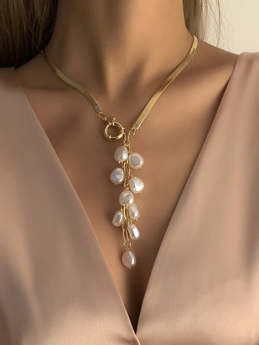 CM-AXS414822 Women Trendy Seoul Style Faux Pearl Pendant Necklace - Gold