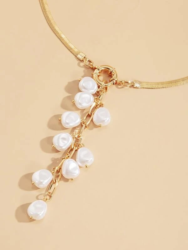 CM-AXS414822 Women Trendy Seoul Style Faux Pearl Pendant Necklace - Gold