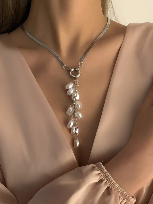 CM-AXS414410 Women Trendy Seoul Style Faux Pearl Pendant Necklace - Silver