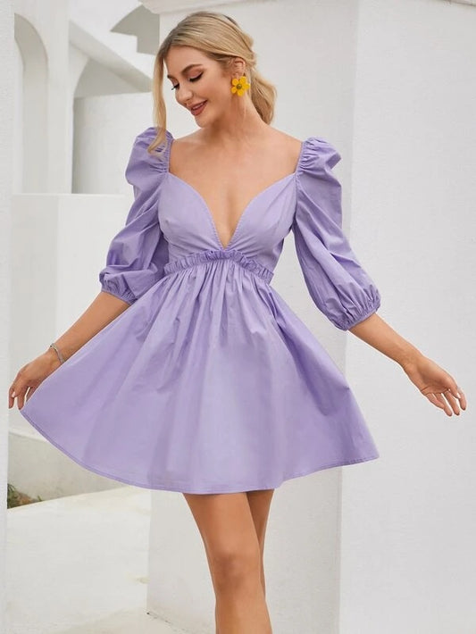 CM-DS415632 Women Elegant Seoul Style Lantern Sleeve Frill Trim Skater Dress - Purple