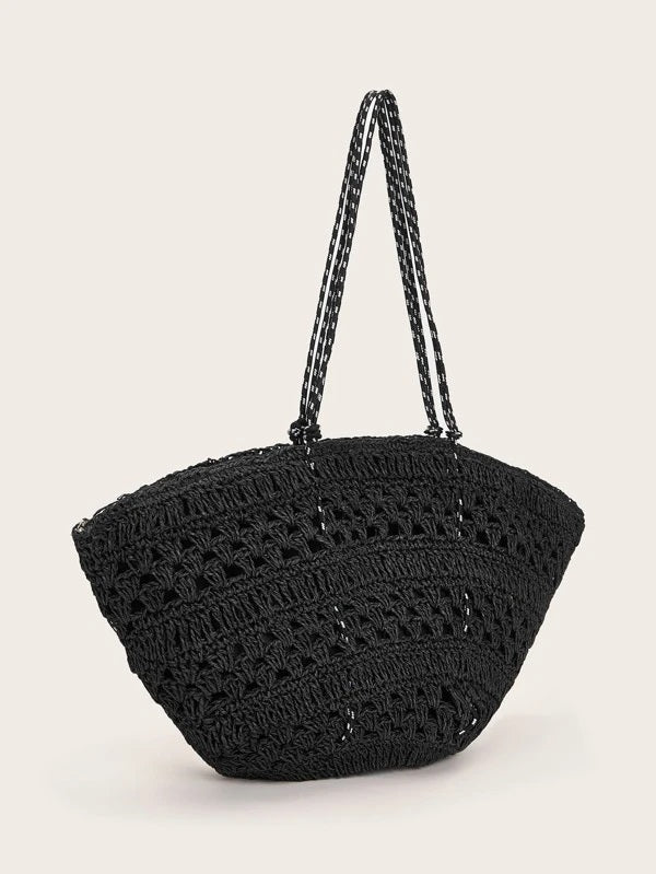 CM-BGS208475 Women Trendy Bohemian Style Solid Straw Tote Bag - Black