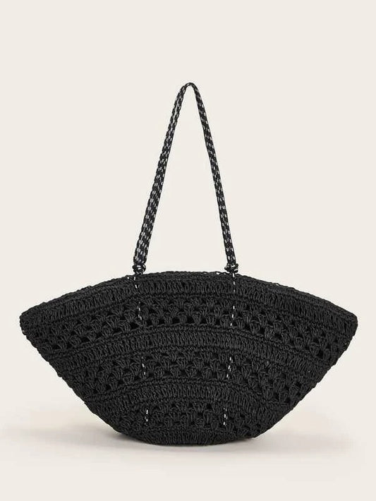 CM-BGS208475 Women Trendy Bohemian Style Solid Straw Tote Bag - Black