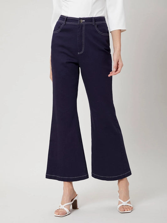 CM-BS323711 Women Elegant Seoul Style High Waist Cotton Blend Flare Leg Pants - Navy Blue