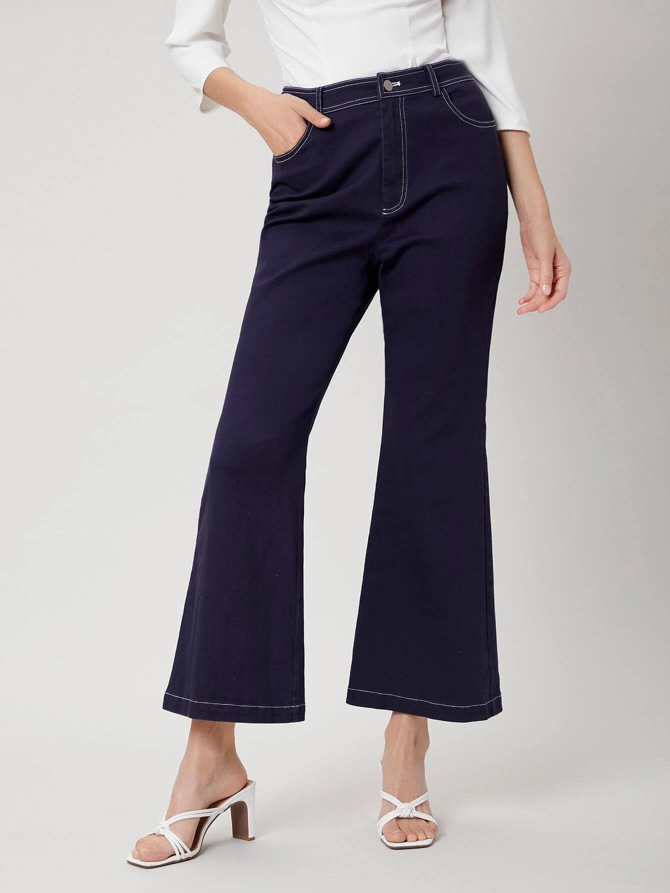 CM-BS323711 Women Elegant Seoul Style High Waist Cotton Blend Flare Leg Pants - Navy Blue