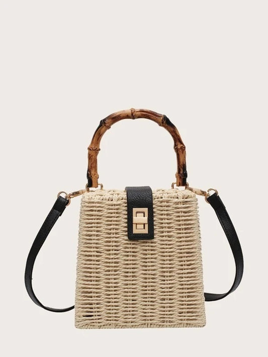 CM-BGS423606 Women Trendy Bohemian Style Turn-Lock Woven Satchel Bag - Beige
