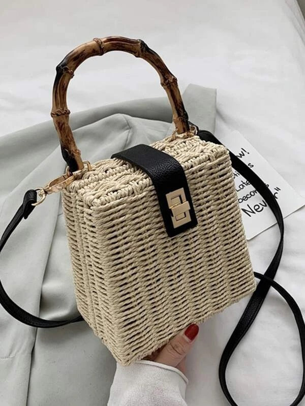CM-BGS423606 Women Trendy Bohemian Style Turn-Lock Woven Satchel Bag - Beige