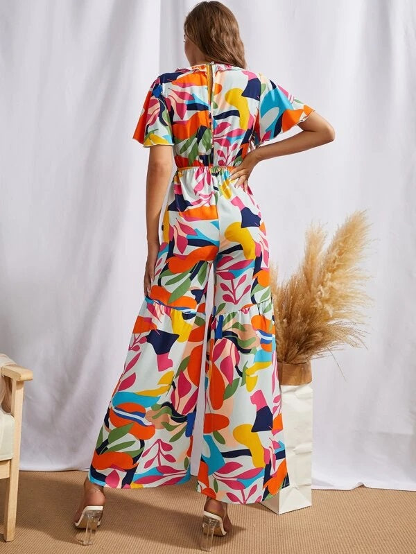 CM-JS423956 Women Trendy Bohemian Style Plunging Neck Tie Front Wide Leg Tropical Jumpsuit