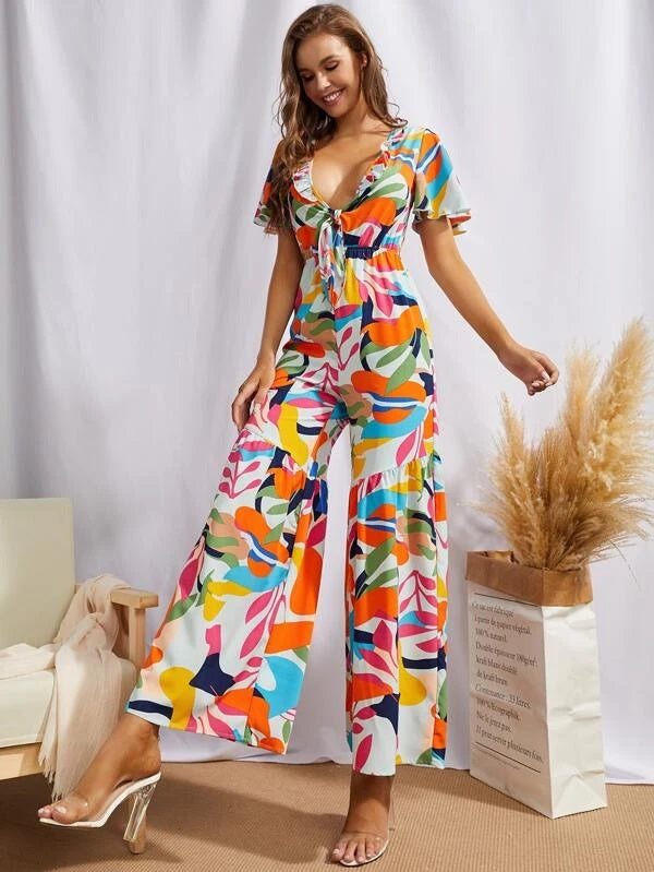 CM-JS423956 Women Trendy Bohemian Style Plunging Neck Tie Front Wide Leg Tropical Jumpsuit