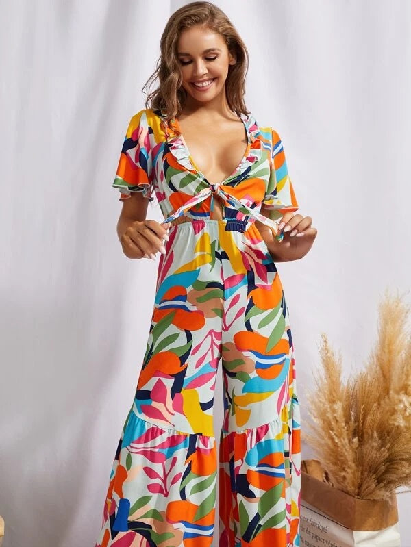CM-JS423956 Women Trendy Bohemian Style Plunging Neck Tie Front Wide Leg Tropical Jumpsuit
